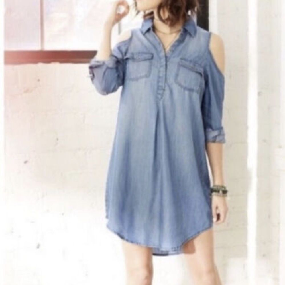 BILLY T Women’s Blue Cold Shoulder Denim Shirt‎ Dress Size XS